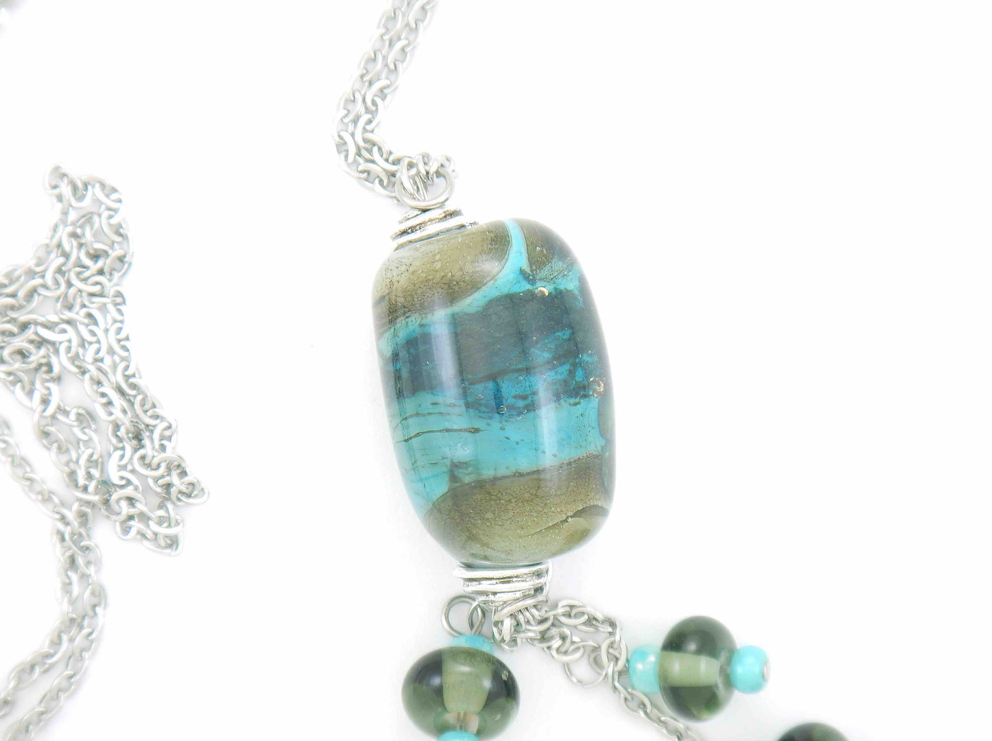 28-inch necklace with funky cylinder, dark turquoise-gray marbled pattern (Murano-style glass handmade in Montreal), matching pendants, stainless steel chain