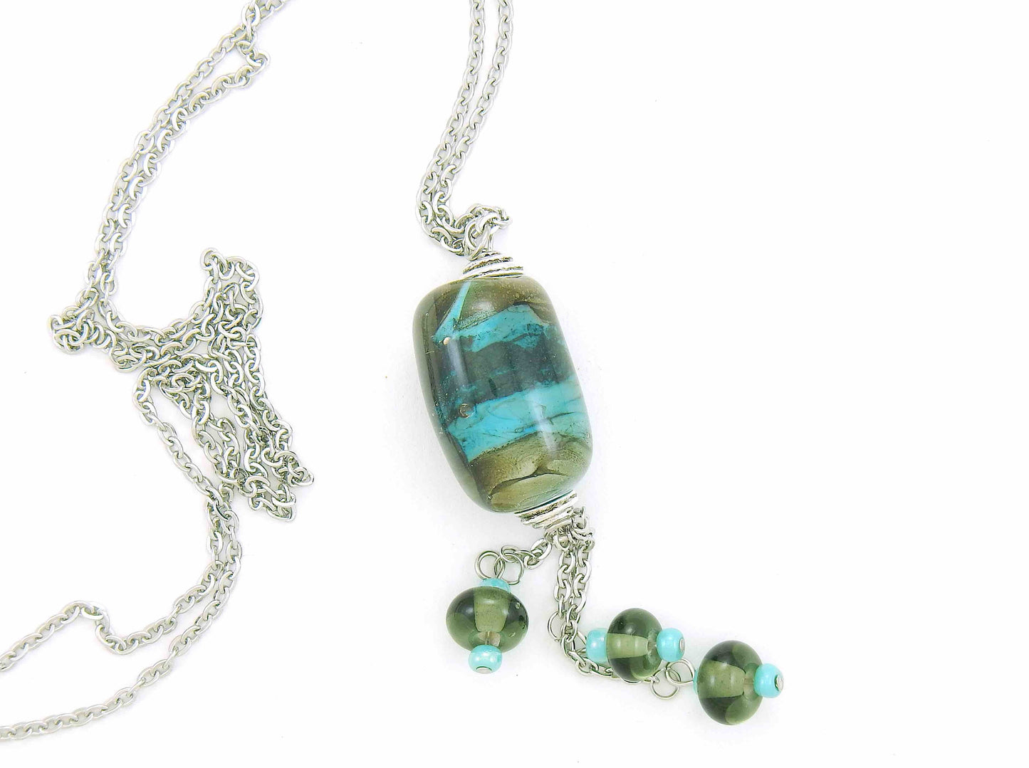 28-inch necklace with funky cylinder, dark turquoise-gray marbled pattern (Murano-style glass handmade in Montreal), matching pendants, stainless steel chain