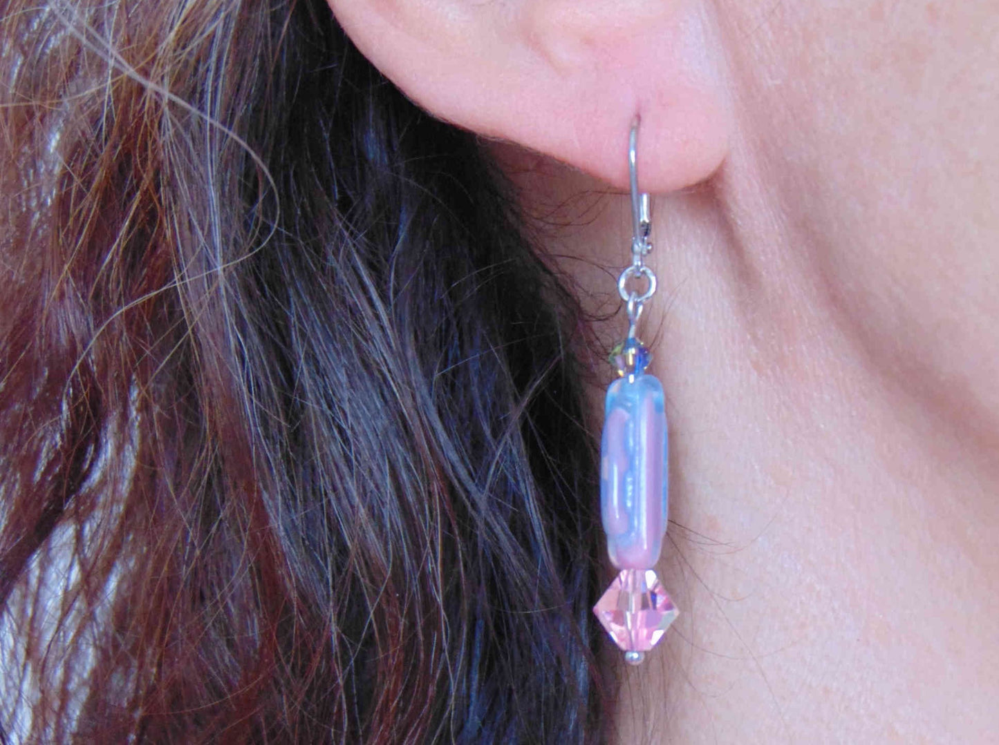 Long earrings with vintage West-German pink and blue glass beads, matching Swarovski crystals, stainless steel lever back hooks