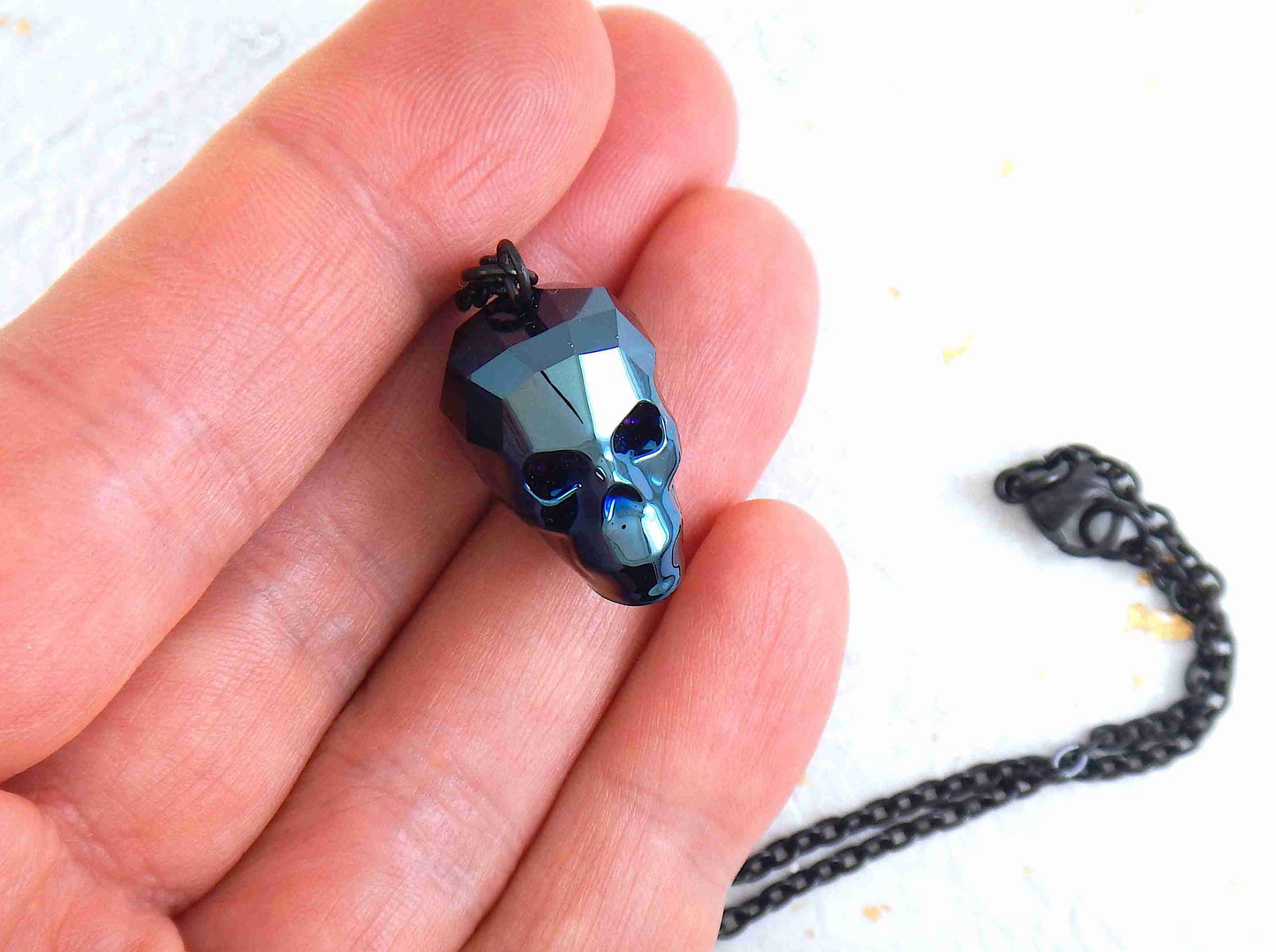 16-inch necklace with rare 20mm Swarovski faceted skull pendant in 3 colours (dark blue, dark gray, rose gold), matching stainless steel chain