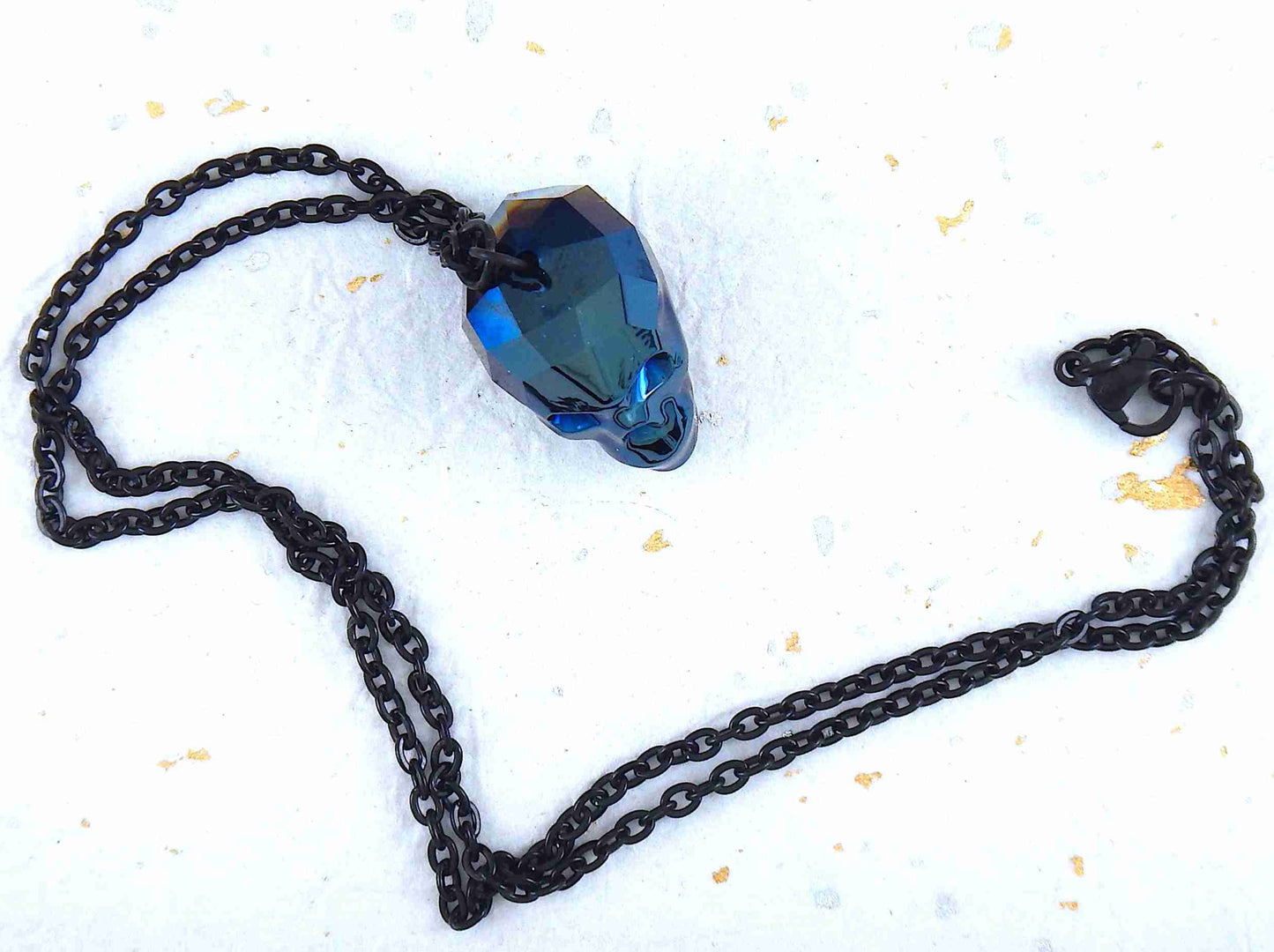 16-inch necklace with rare 20mm Swarovski faceted skull pendant in 3 colours (dark blue, dark gray, rose gold), matching stainless steel chain