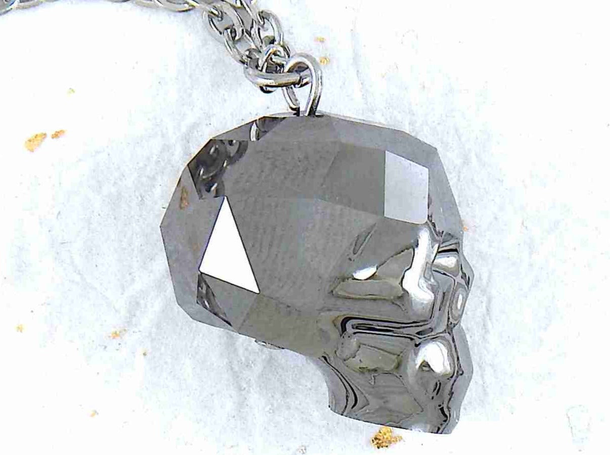 16-inch necklace with rare 20mm Swarovski faceted skull pendant in 3 colours (dark blue, dark gray, rose gold), matching stainless steel chain