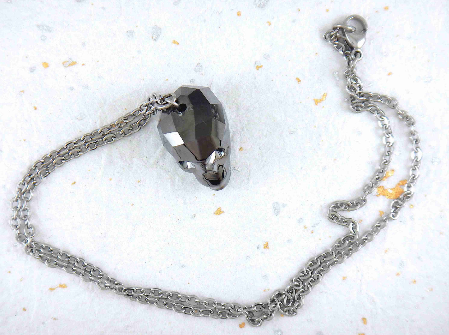 16-inch necklace with rare 20mm Swarovski faceted skull pendant in 3 colours (dark blue, dark gray, rose gold), matching stainless steel chain