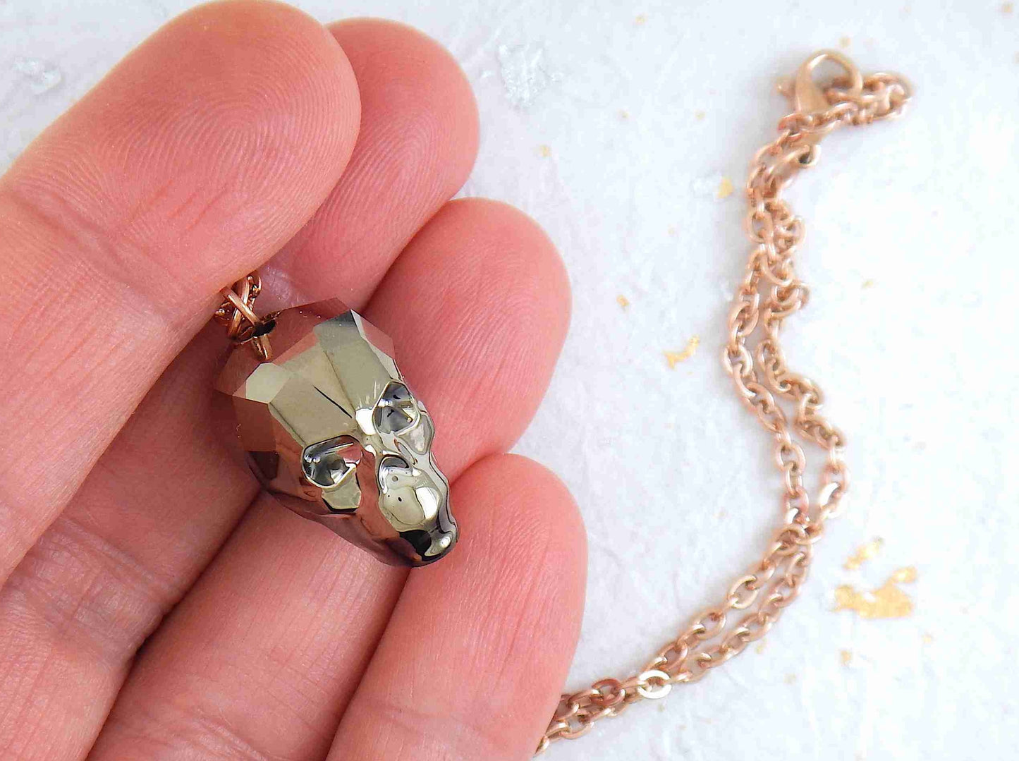 16-inch necklace with rare 20mm Swarovski faceted skull pendant in 3 colours (dark blue, dark gray, rose gold), matching stainless steel chain
