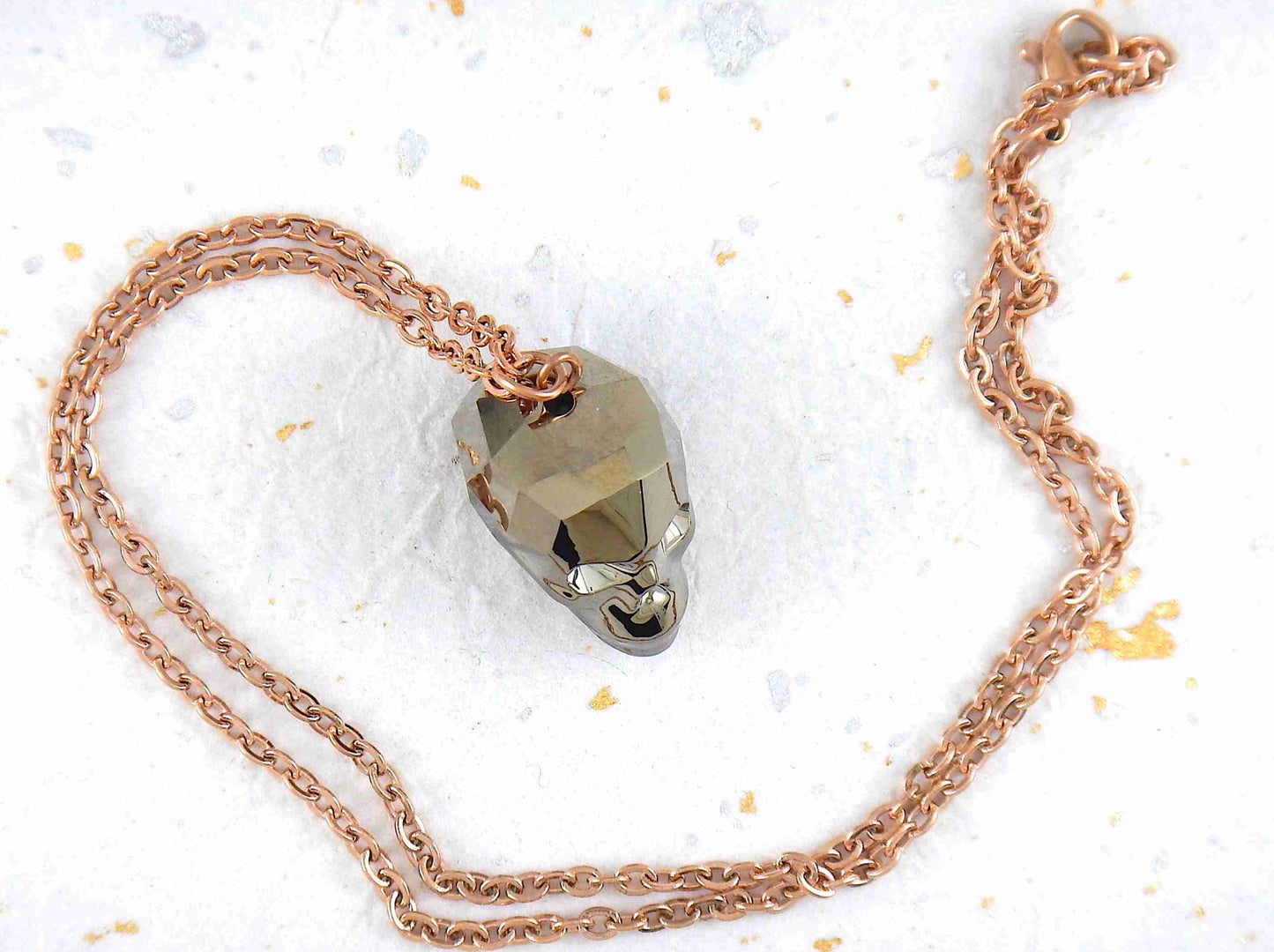 16-inch necklace with rare 20mm Swarovski faceted skull pendant in 3 colours (dark blue, dark gray, rose gold), matching stainless steel chain
