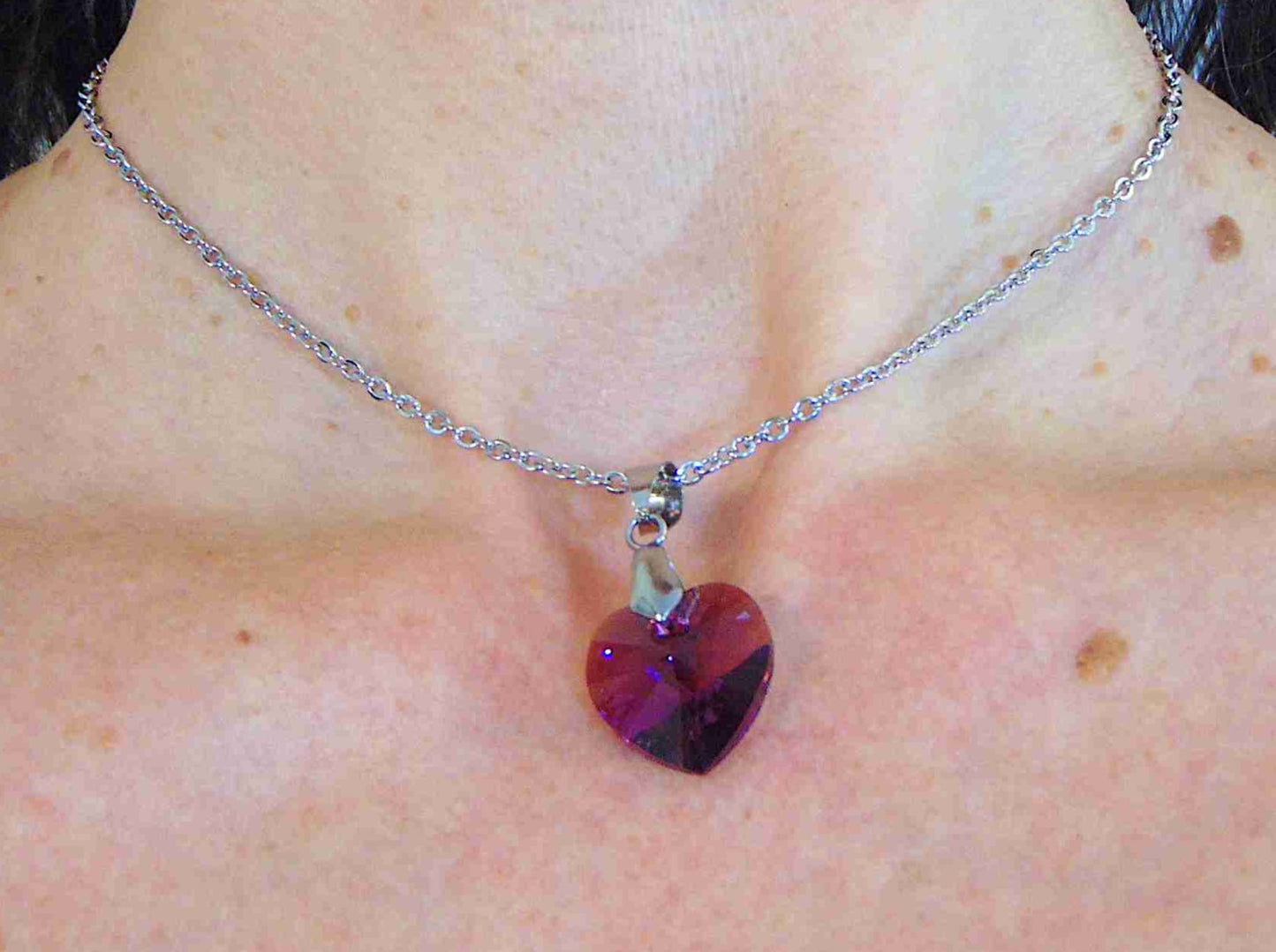 14/16-inch necklace with 18mm Amethyst Shimmer faceted Swarovski crystal heart pendant, stainless steel chain
