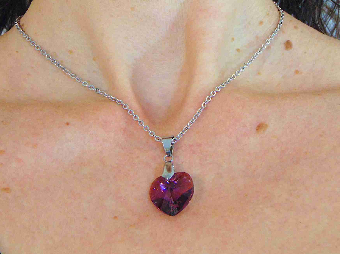 14/16-inch necklace with 18mm Amethyst Shimmer faceted Swarovski crystal heart pendant, stainless steel chain