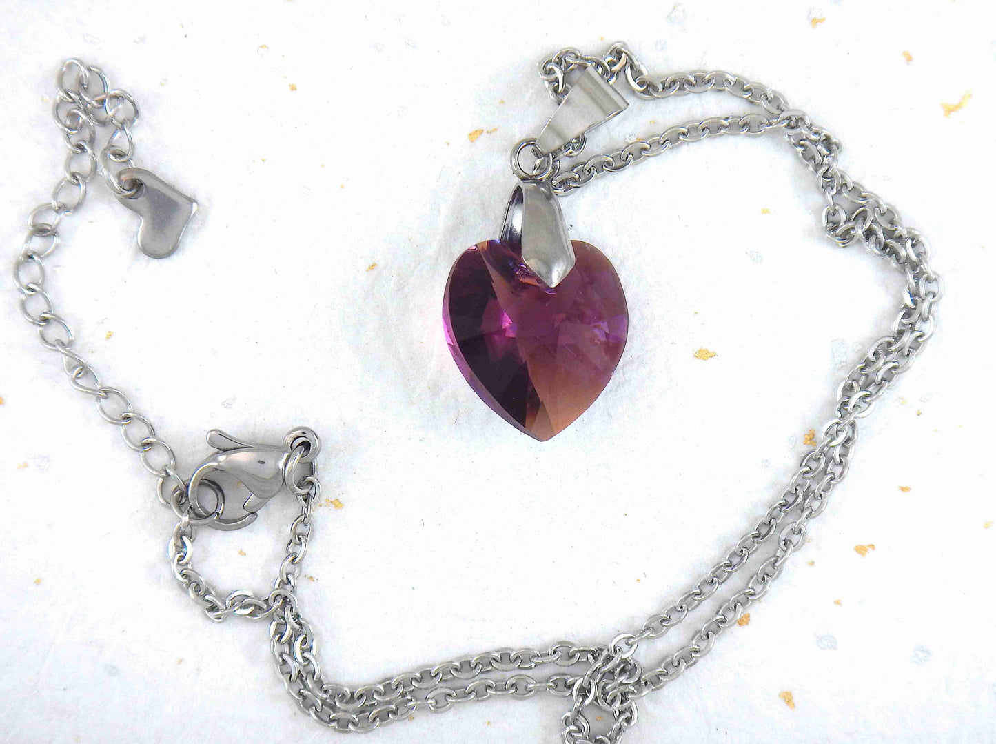 14/16-inch necklace with 18mm Amethyst Shimmer faceted Swarovski crystal heart pendant, stainless steel chain