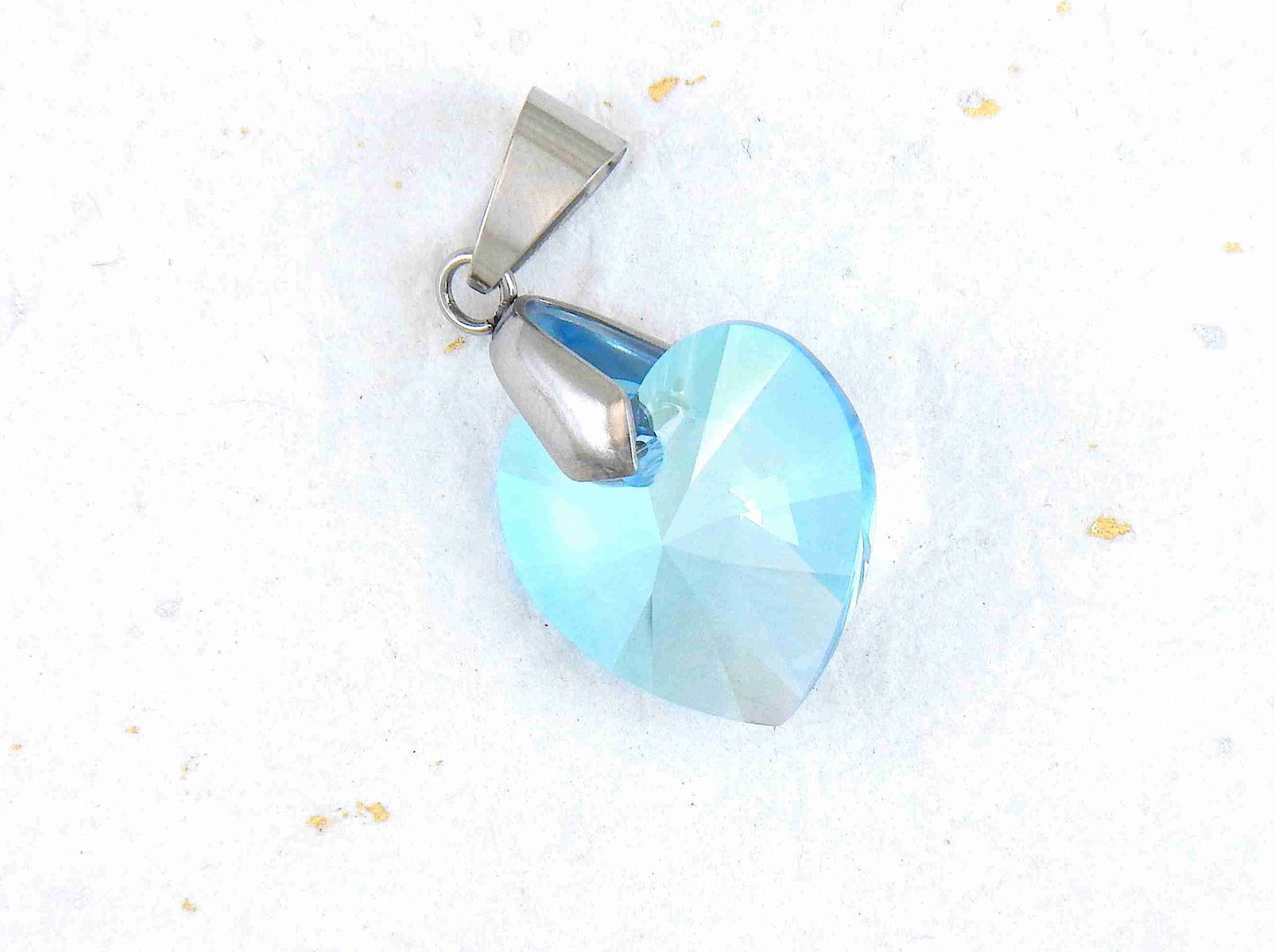 14/16-inch necklace with 18mm Aquamarine Shimmer faceted Swarovski crystal heart pendant, stainless steel chain