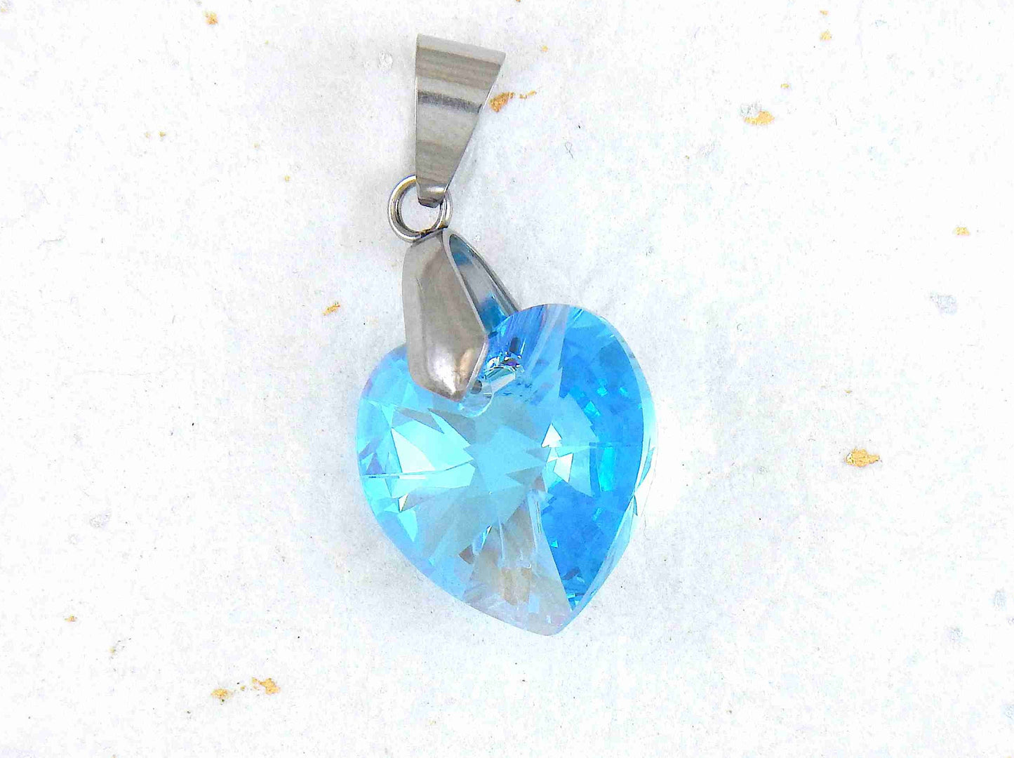 14/16-inch necklace with 18mm Aquamarine Shimmer faceted Swarovski crystal heart pendant, stainless steel chain