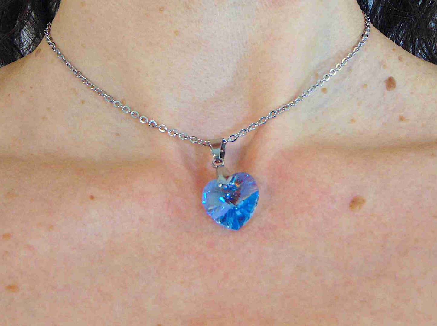 14/16-inch necklace with 18mm Aquamarine Shimmer faceted Swarovski crystal heart pendant, stainless steel chain