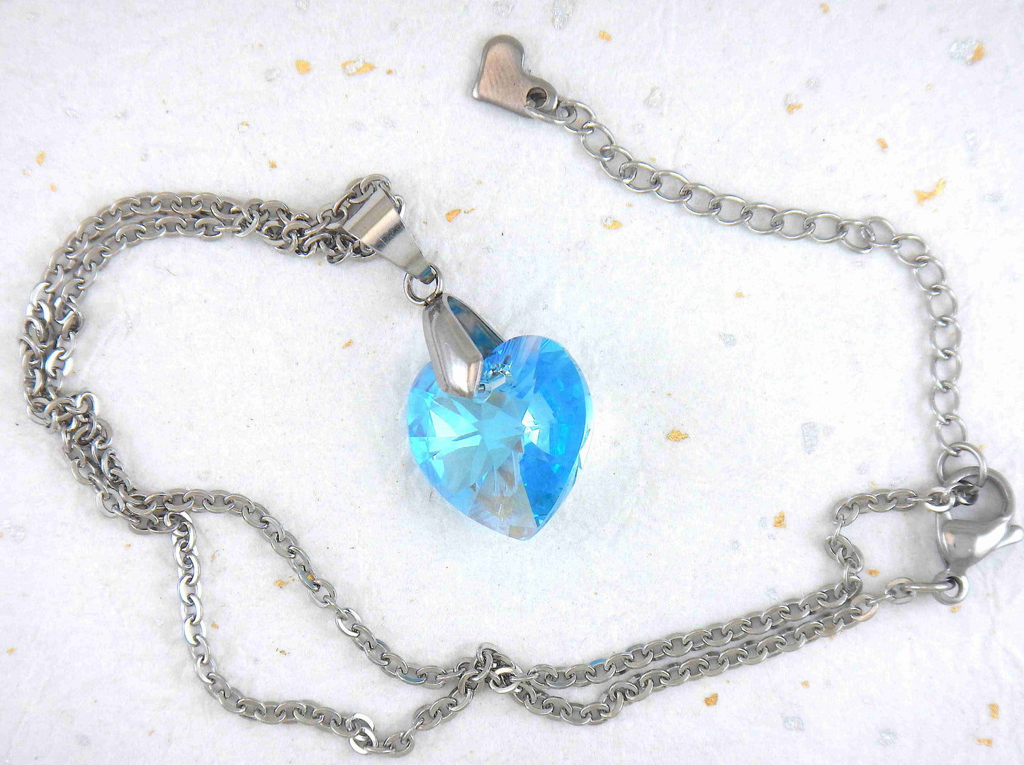 14/16-inch necklace with 18mm Aquamarine Shimmer faceted Swarovski crystal heart pendant, stainless steel chain