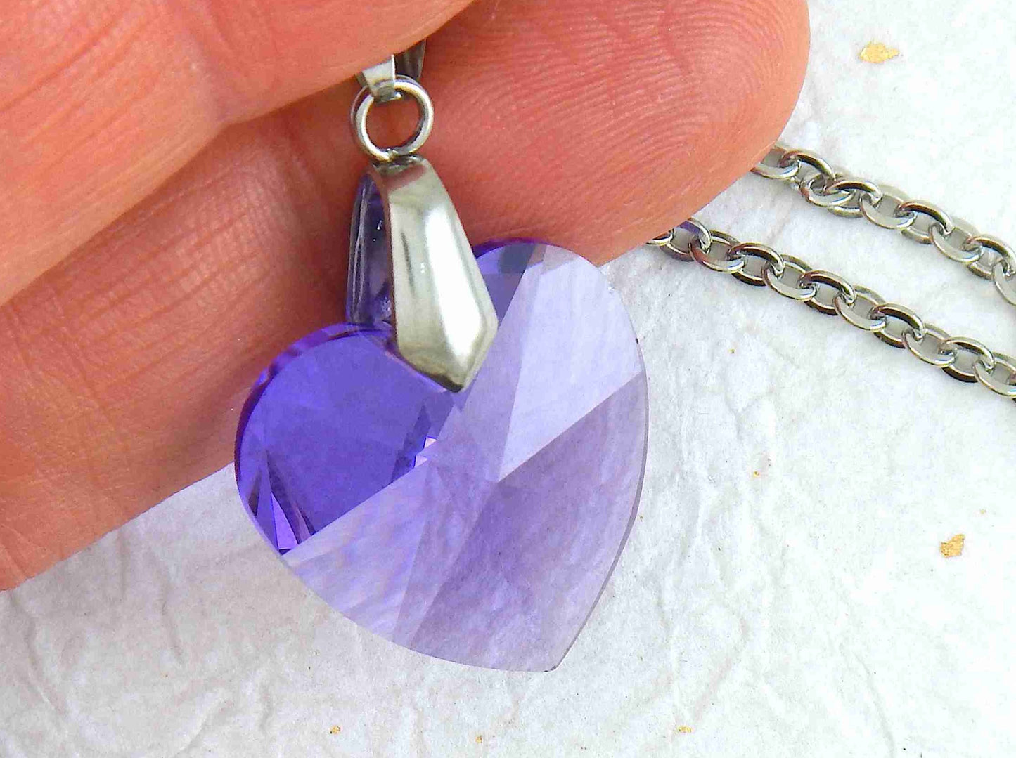 14/16-inch necklace with 20mm Blue Violet faceted Swarovski crystal heart pendant, stainless steel chain