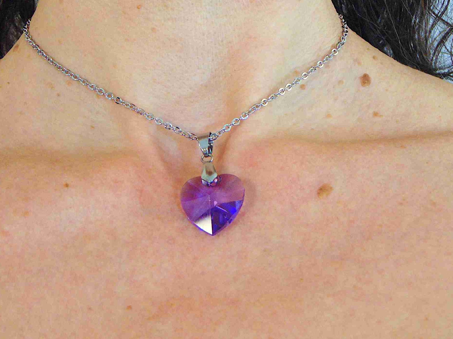 14/16-inch necklace with 20mm Blue Violet faceted Swarovski crystal heart pendant, stainless steel chain