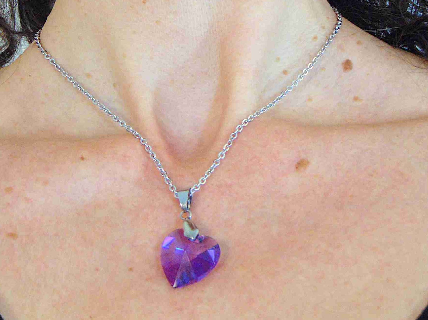 14/16-inch necklace with 20mm Blue Violet faceted Swarovski crystal heart pendant, stainless steel chain