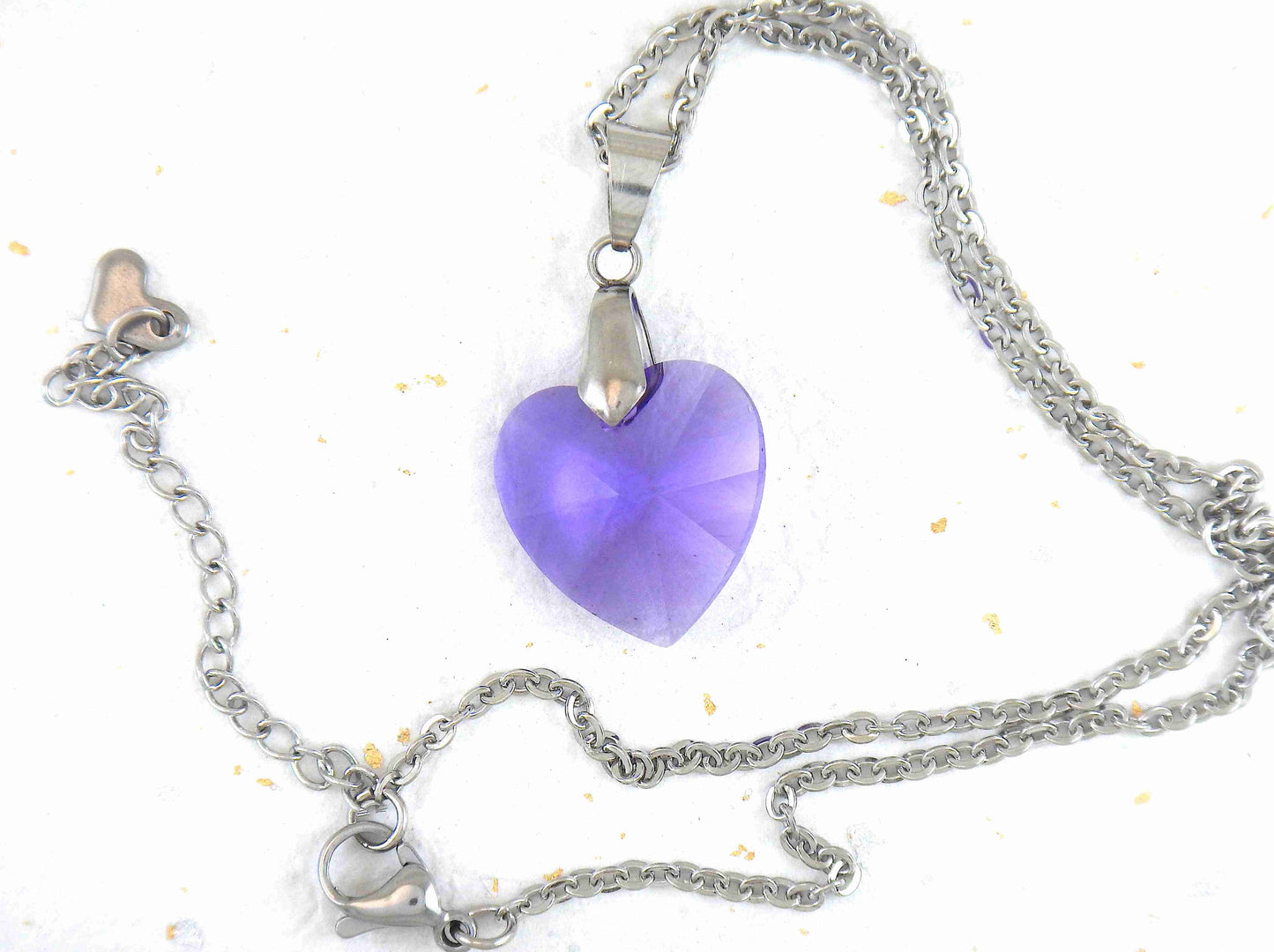 14/16-inch necklace with 20mm Blue Violet faceted Swarovski crystal heart pendant, stainless steel chain