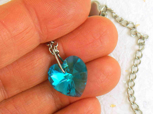 14/16-inch necklace with 14mm Blue Zircon faceted Swarovski crystal heart pendant, stainless steel chain