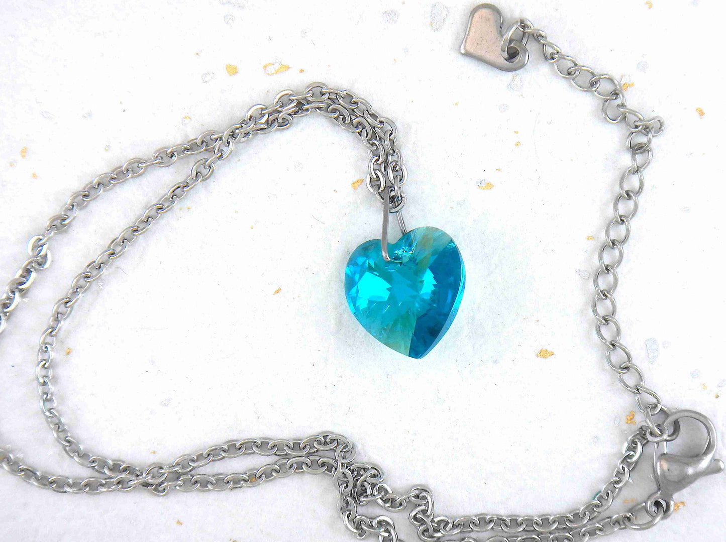 14/16-inch necklace with 14mm Blue Zircon faceted Swarovski crystal heart pendant, stainless steel chain