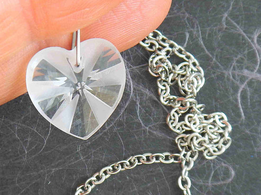 14/16-inch necklace with 18mm clear radial frosted faceted Swarovski crystal heart pendant, stainless steel chain