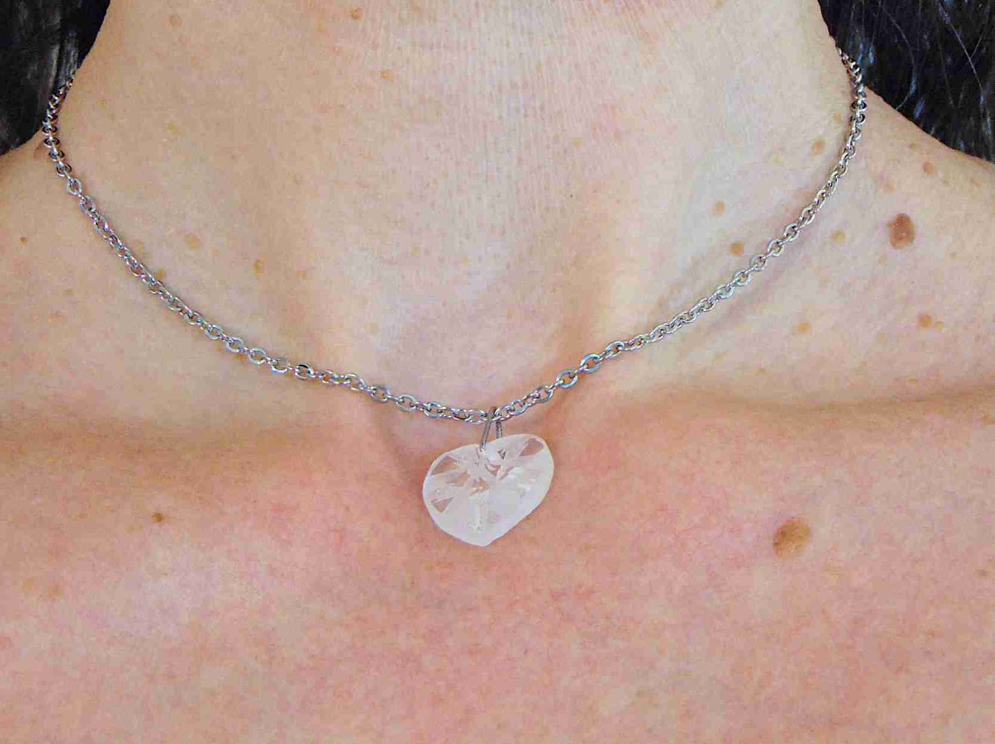 14/16-inch necklace with 18mm clear radial frosted faceted Swarovski crystal heart pendant, stainless steel chain