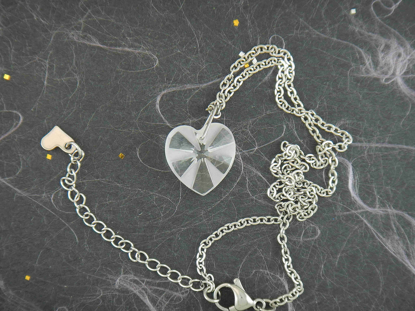 14/16-inch necklace with 18mm clear radial frosted faceted Swarovski crystal heart pendant, stainless steel chain