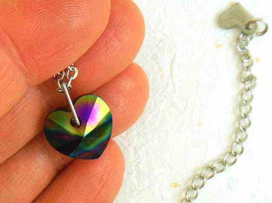 14/16-inch necklace with 14mm Dark Rainbow faceted Swarovski crystal heart pendant, stainless steel chain
