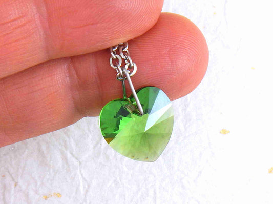 14/16-inch necklace with 14mm Fern Green faceted Swarovski crystal heart pendant, stainless steel chain