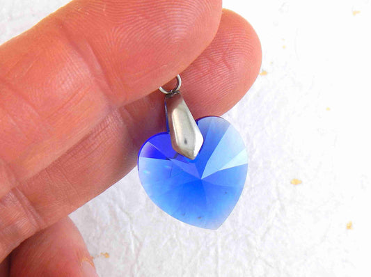 14/16-inch necklace with 18mm Majestic Blue faceted Swarovski crystal heart pendant, stainless steel chain