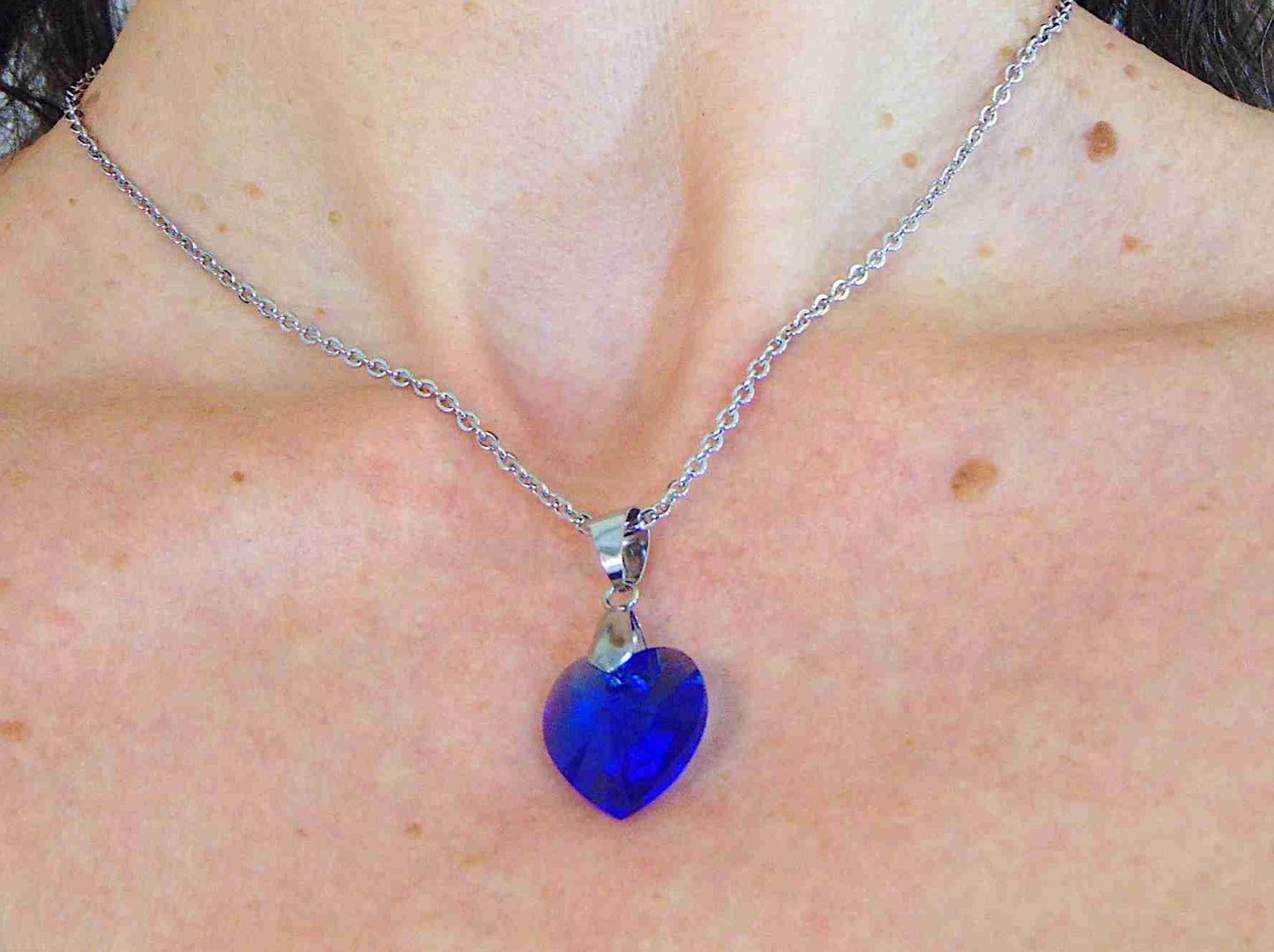 14/16-inch necklace with 18mm Majestic Blue faceted Swarovski crystal heart pendant, stainless steel chain