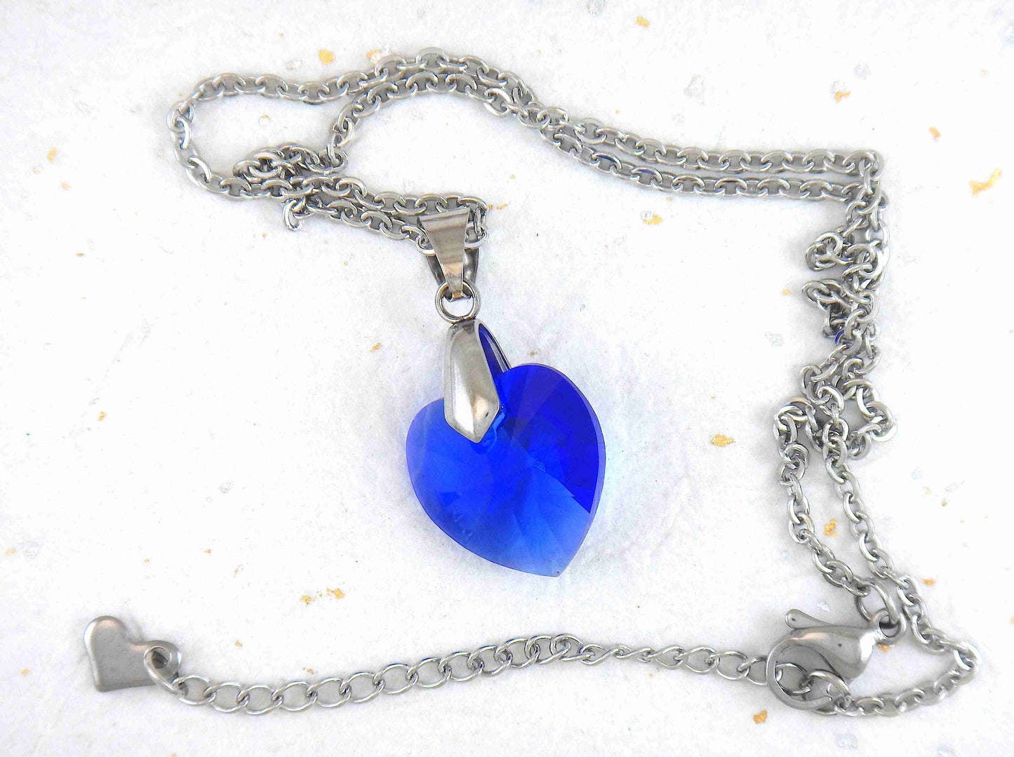 14/16-inch necklace with 18mm Majestic Blue faceted Swarovski crystal heart pendant, stainless steel chain