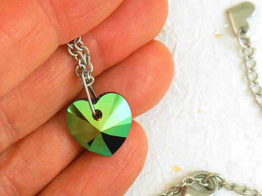 14/16-inch necklace with 14mm Scarabeus Green faceted Swarovski crystal heart pendant, stainless steel chain