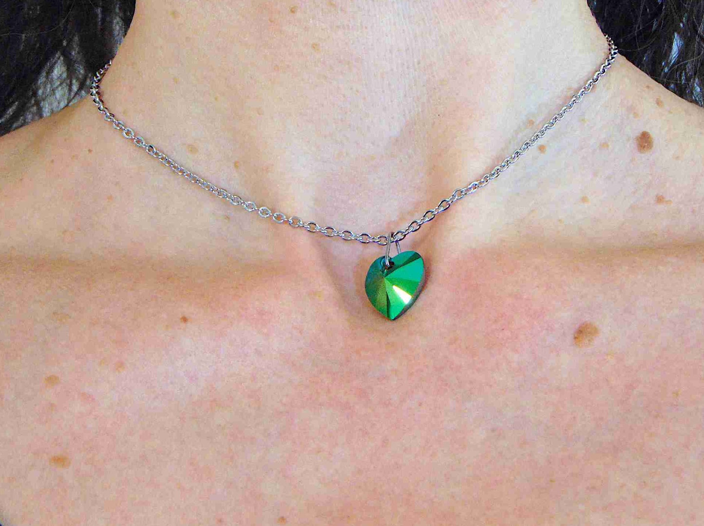 14/16-inch necklace with 14mm Scarabeus Green faceted Swarovski crystal heart pendant, stainless steel chain