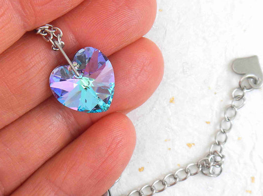 14/16-inch necklace with 14mm Vitrail Light (sky blue and lilac) faceted Swarovski crystal heart pendant, stainless steel chain