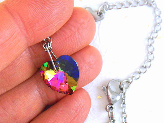 14/16-inch necklace with 14mm Vitrail Medium (fuchsia, orange, green) faceted Swarovski crystal heart pendant, stainless steel chain