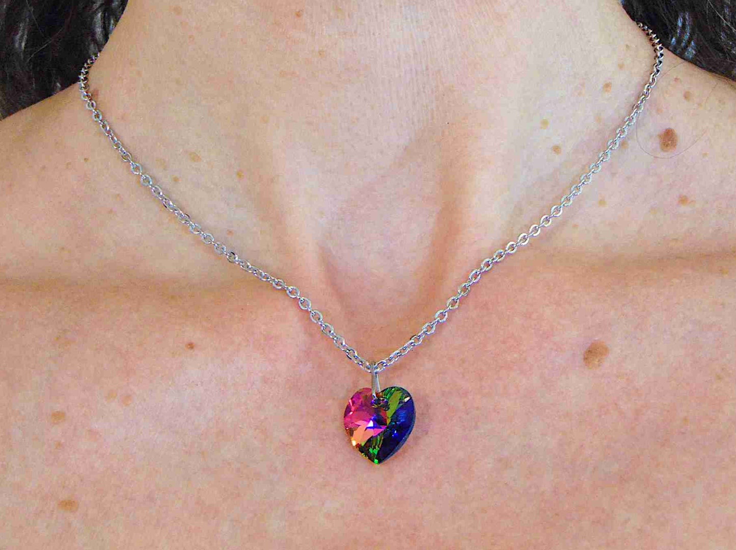 14/16-inch necklace with 14mm Vitrail Medium (fuchsia, orange, green) faceted Swarovski crystal heart pendant, stainless steel chain