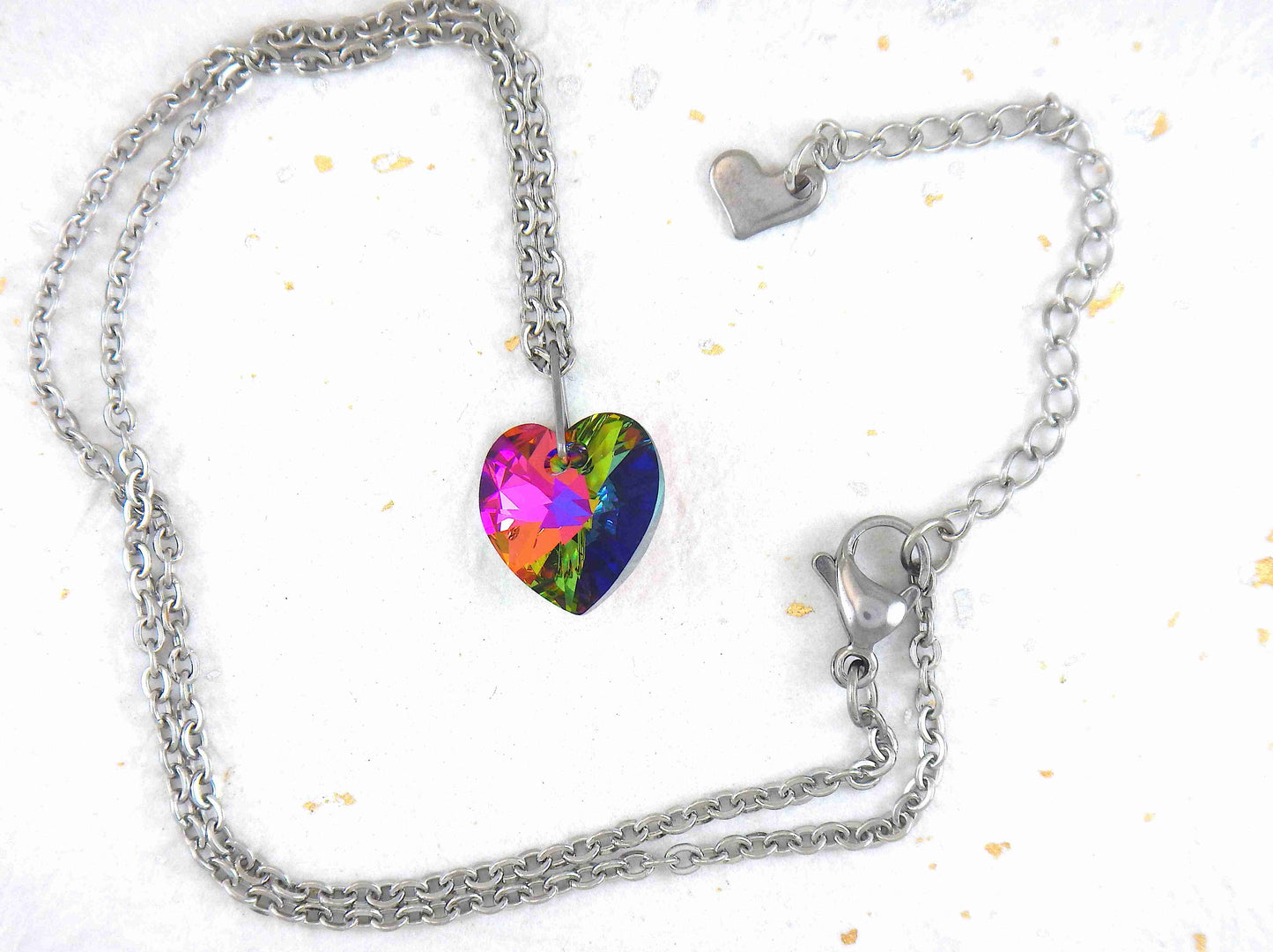 14/16-inch necklace with 14mm Vitrail Medium (fuchsia, orange, green) faceted Swarovski crystal heart pendant, stainless steel chain