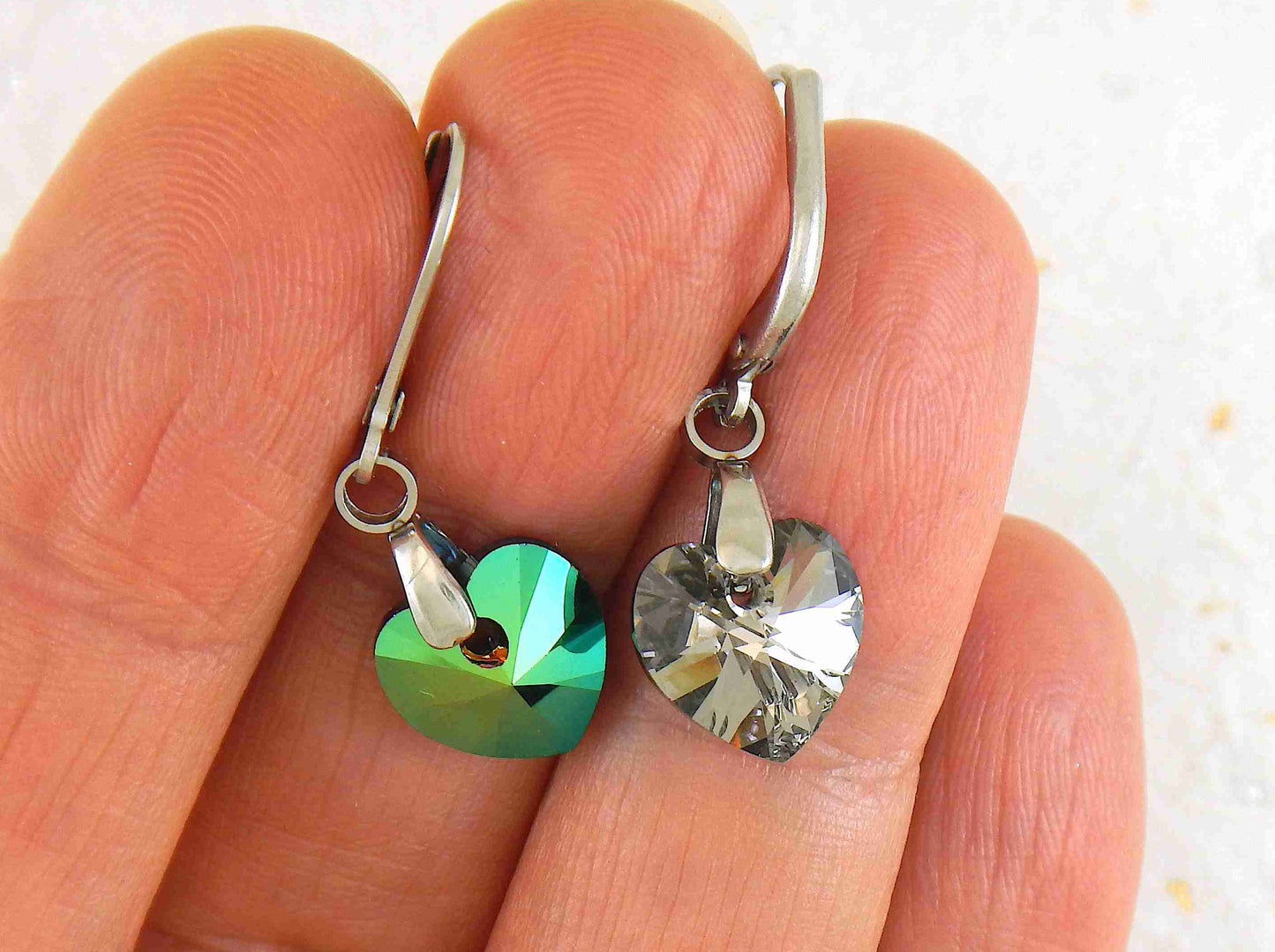 Short earrings with 10mm faceted Scarabeus Green Swarovski crystal hearts, stainless steel lever back hooks