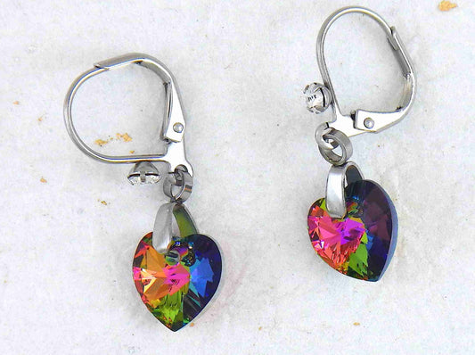 Short earrings with 10mm faceted Vitrail Medium (fuchsia, orange, green) Swarovski crystal hearts, stainless steel lever back hooks with tiny clear crystals