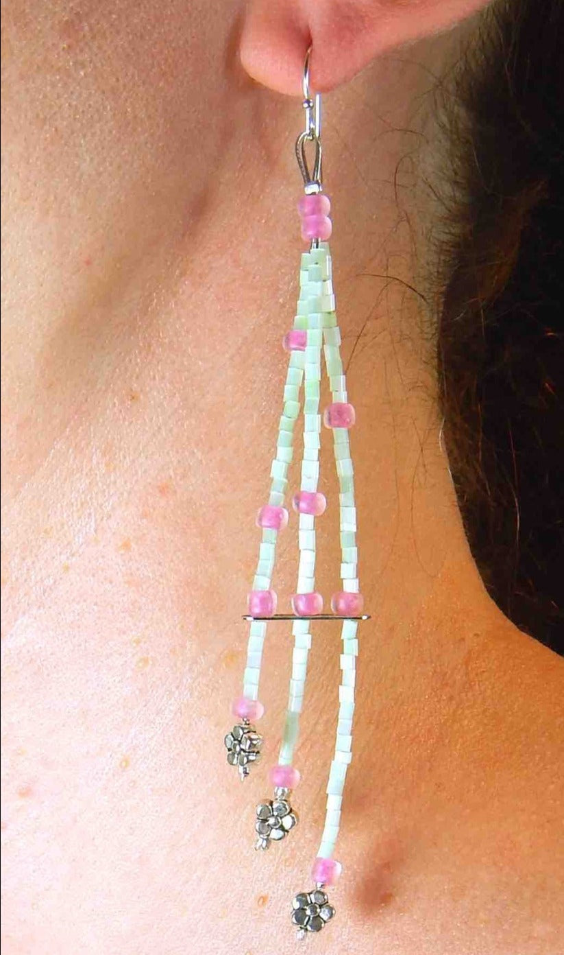 Very long earrings with 3 delicate strands in mint green and candy pink, silver coloured flowers, metal hooks
