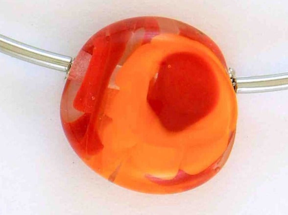 Choker necklace with bright red and yellow flower murine glass bead (Murano-style glass handmade in Montreal), stainless steel tube beads and clasp