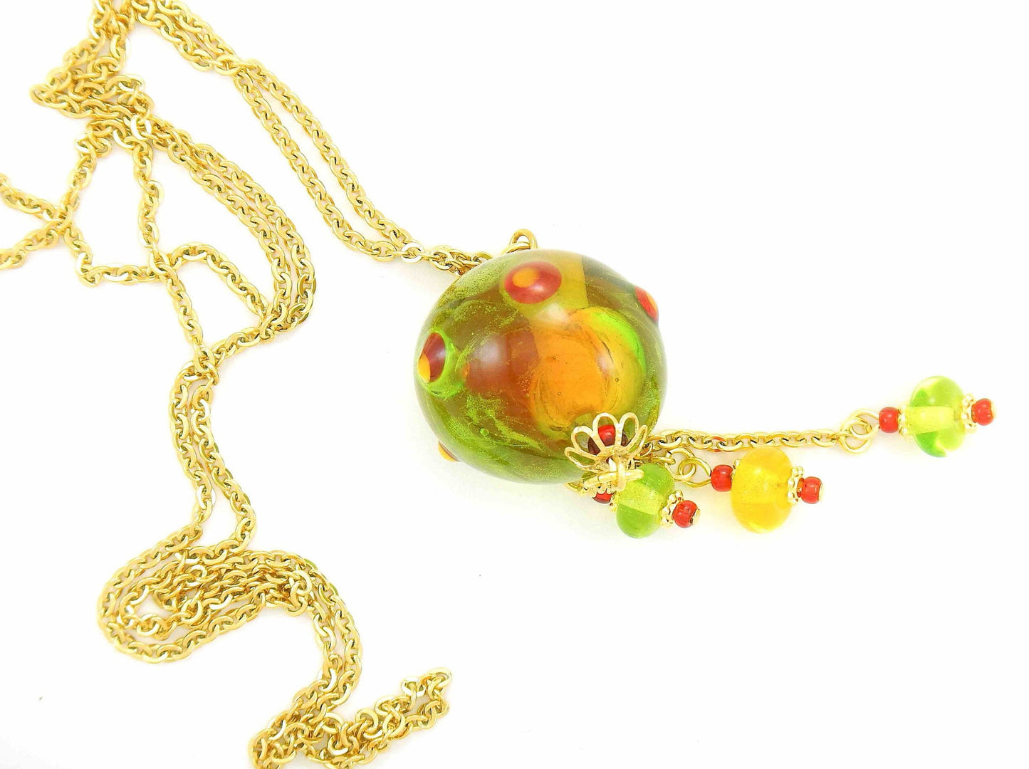 27-inch necklace with large funky glass ball and matching pendants in lime green-red-yellow (Murano-style glass handmade in Montreal), dots and bubbles, gold-toned stainless steel chain