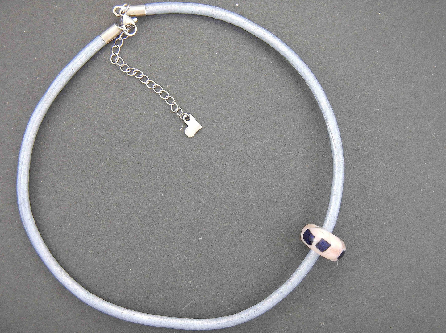 Choker necklace with pink glass bead (Murano-style glass handmade in Montreal), blue aventurine inclusions, pearl baby blue leather cord, stainless steel clasp