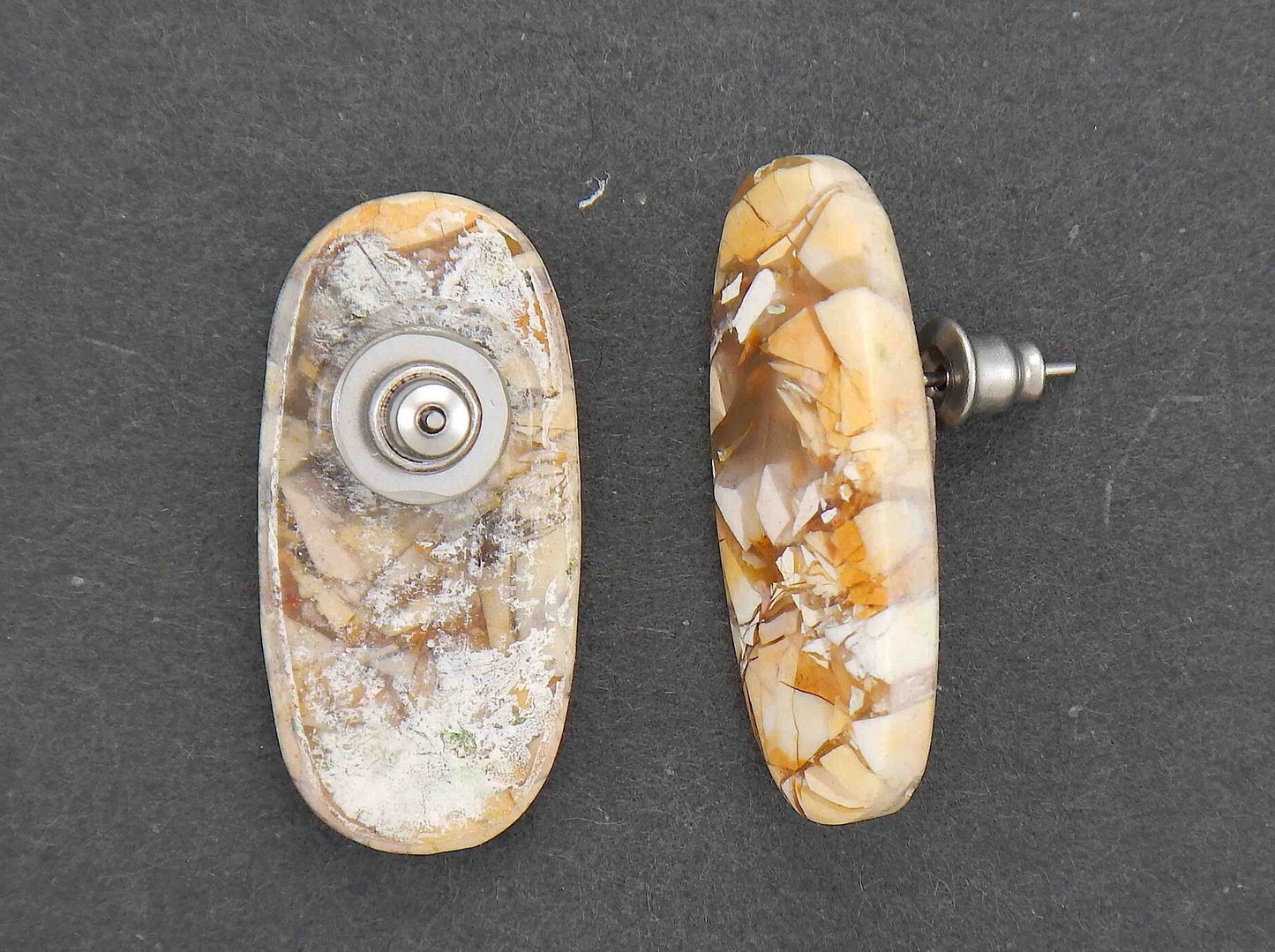 Stud earrings with large mookite jasper ovals, white-caramel-orange pattern, stainless steel posts