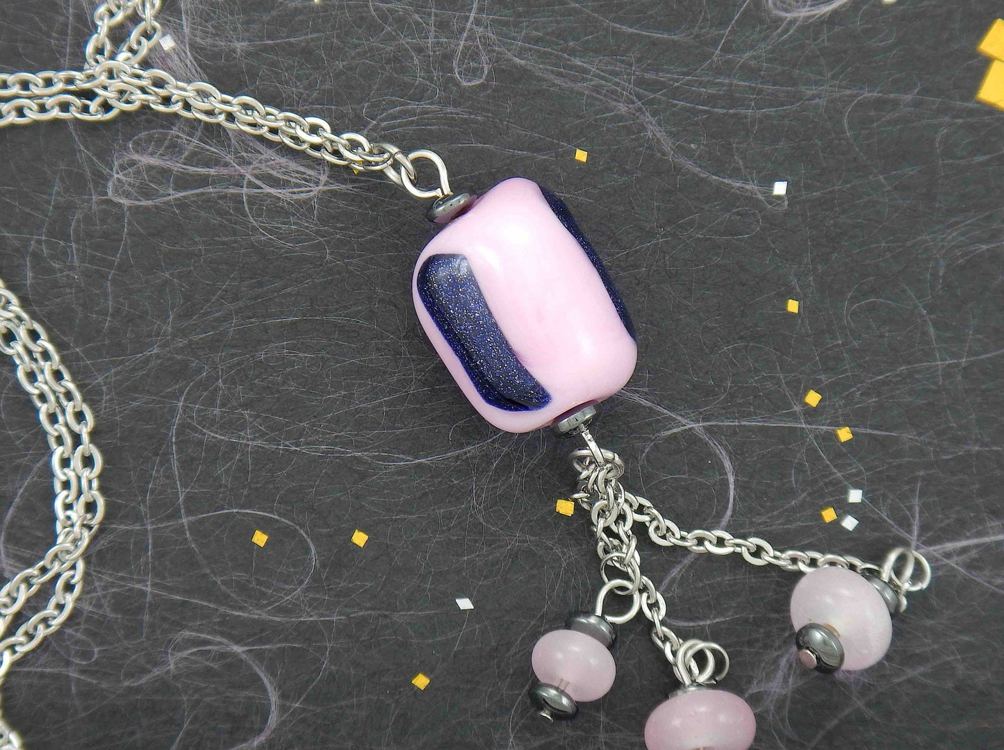 27-inch necklace with funky cylinder, candy pink and shiny blue aventurine (Murano-style glass handmade in Montreal), matching pendants, stainless steel chain
