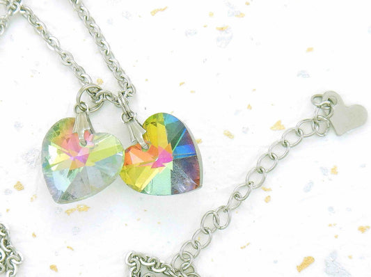 15-inch necklace with 2 pink and green crystal heart pendants (Vitrail Medium colour), stainless steel chain