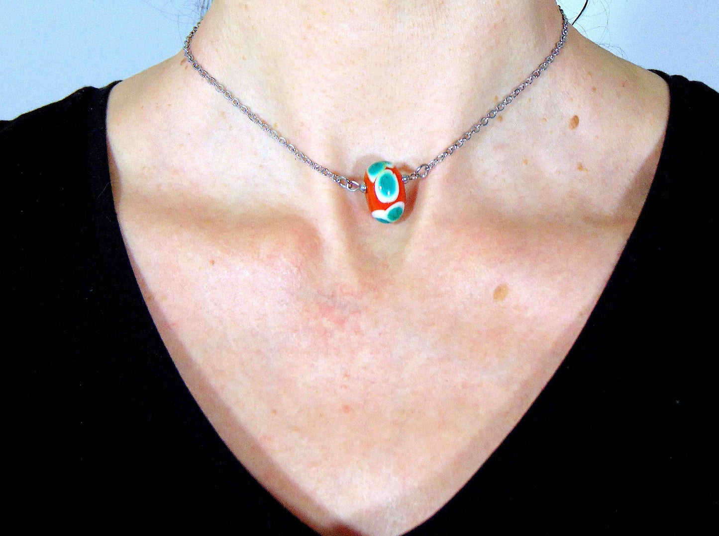 14-inch necklace with burnt orange ball, large white & green dots (Murano-style glass handmade in Montreal), stainless steel chain