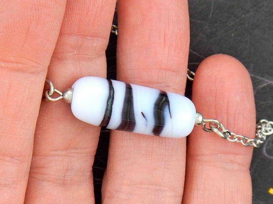 14-inch necklace with pale lilac glass cylinder, dark blue stripes (Murano-style glass handmade in Montreal), stainless steel chain