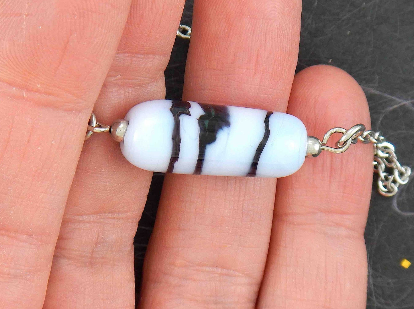 14-inch necklace with pale lilac glass cylinder, dark blue stripes (Murano-style glass handmade in Montreal), stainless steel chain