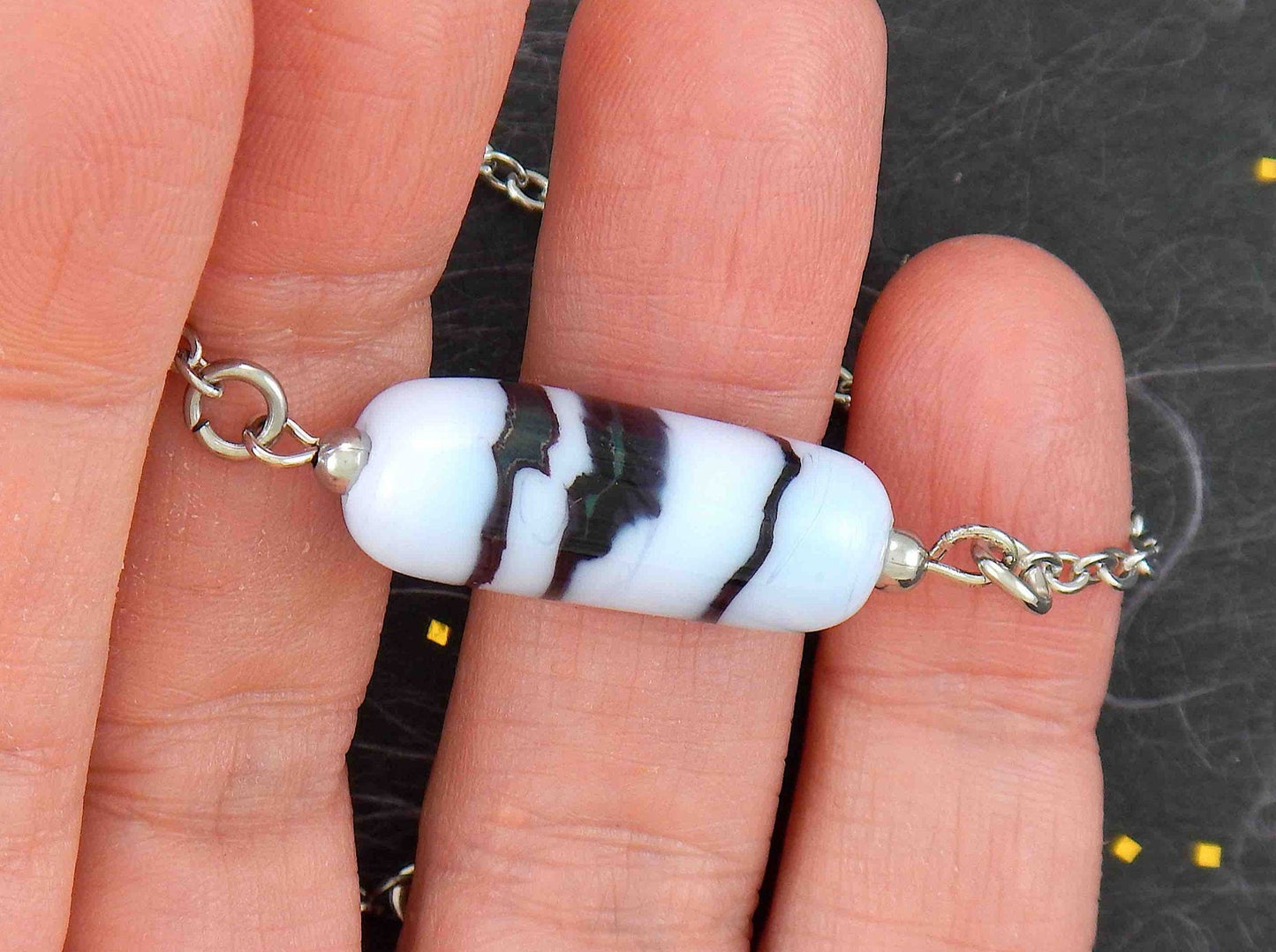 14-inch necklace with pale lilac glass cylinder, dark blue stripes (Murano-style glass handmade in Montreal), stainless steel chain