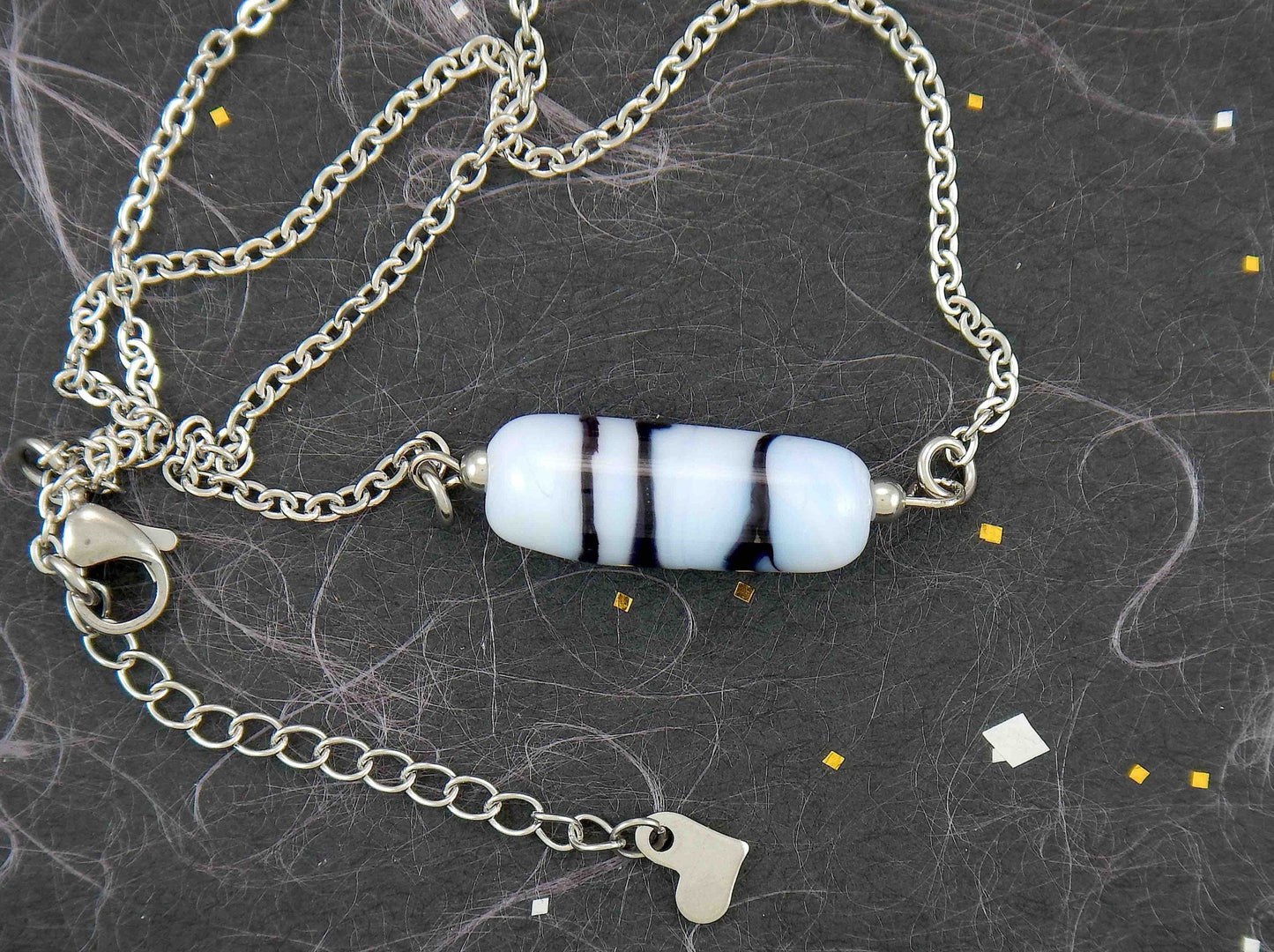 14-inch necklace with pale lilac glass cylinder, dark blue stripes (Murano-style glass handmade in Montreal), stainless steel chain